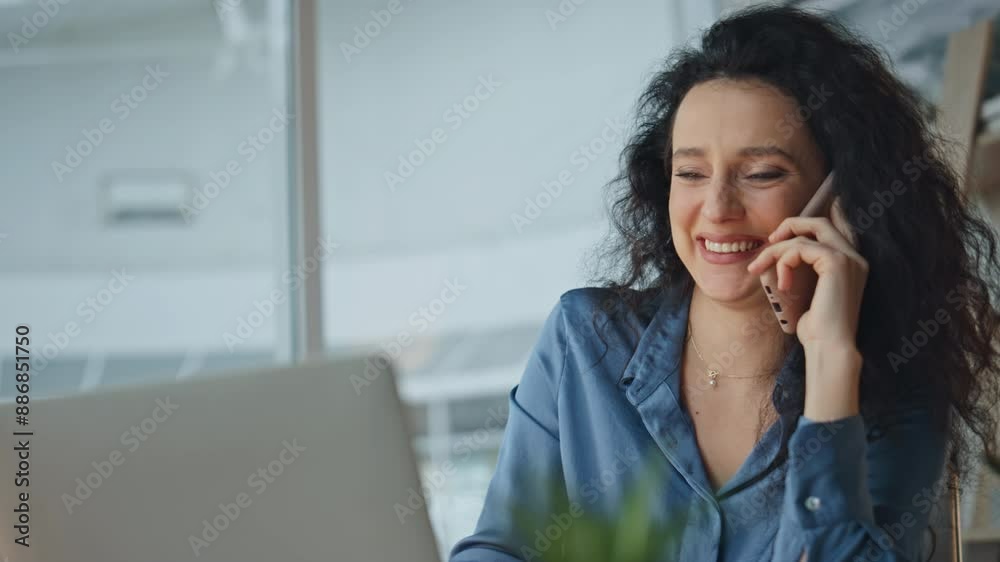 Joyful worker discussing smartphone deal. Closeup employee having conversation