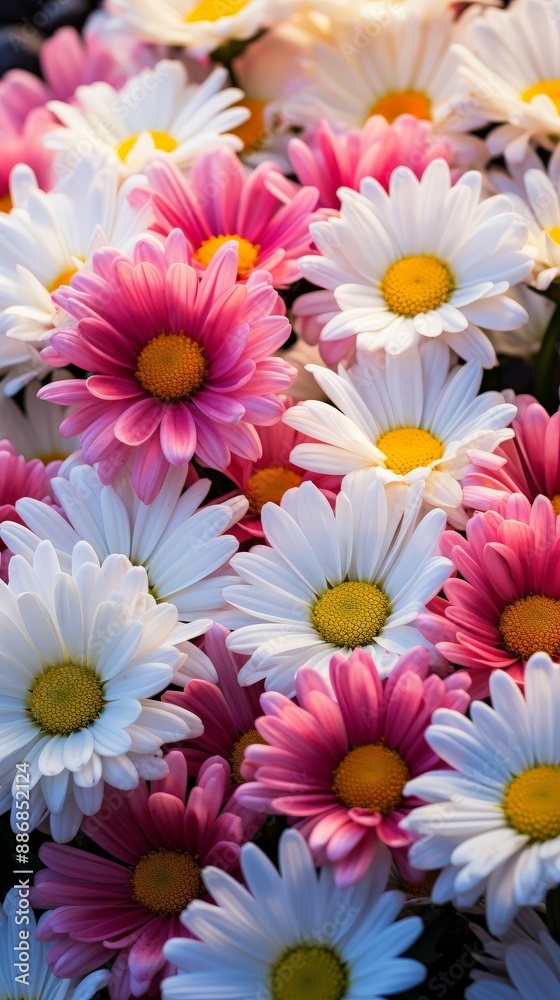 A stunning closeup of a bouquet of pink and white daisies with bright yellow centers A stunning closeup of a bouquet of pink and white daisies with bright yellow centers