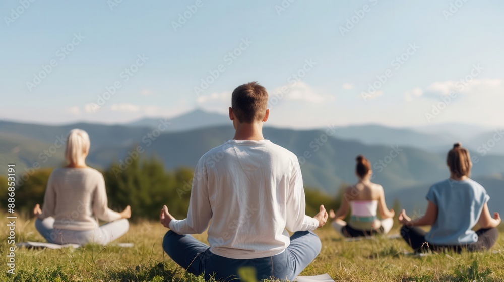 Outdoor group meditation under clear sky on Ozone Day, embracing peace and nature. Outdoor group meditation under clear sky on Ozone Day, embracing peace and nature.