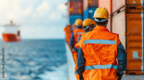 Diverse crew working on cargo ship, World Maritime Day, teamwork and industry.