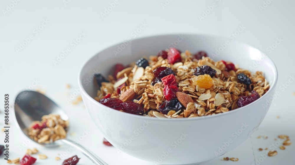 Bowl of muesli with dried fruits and spoon on a white surface Bowl of muesli with dried fruits and spoon on a white surface