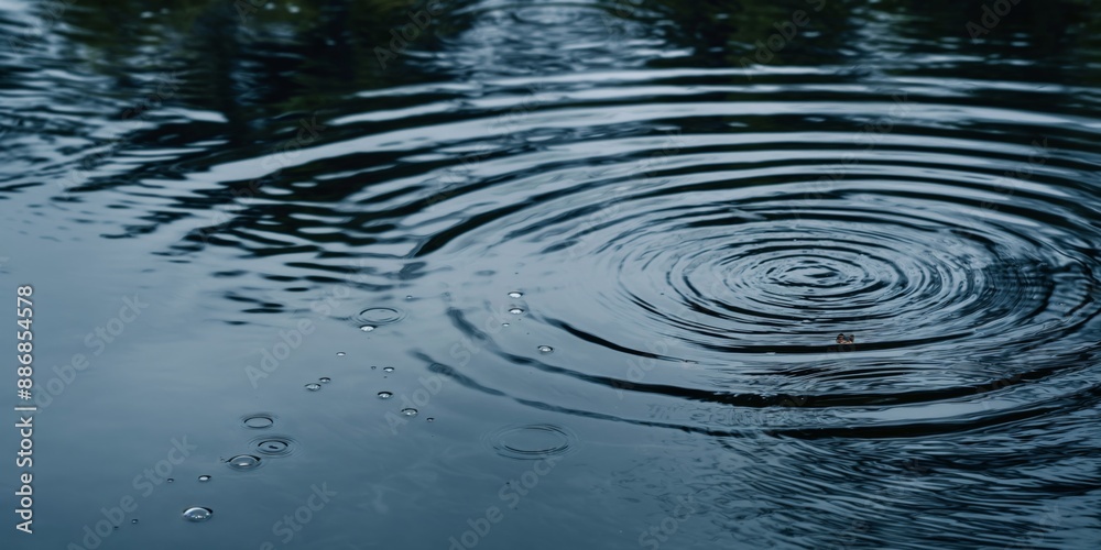 A large splash of water in a lake. The water is calm and still, with ripples forming around the splash. The scene is peaceful and serene, with the water reflecting the sky and the surrounding trees