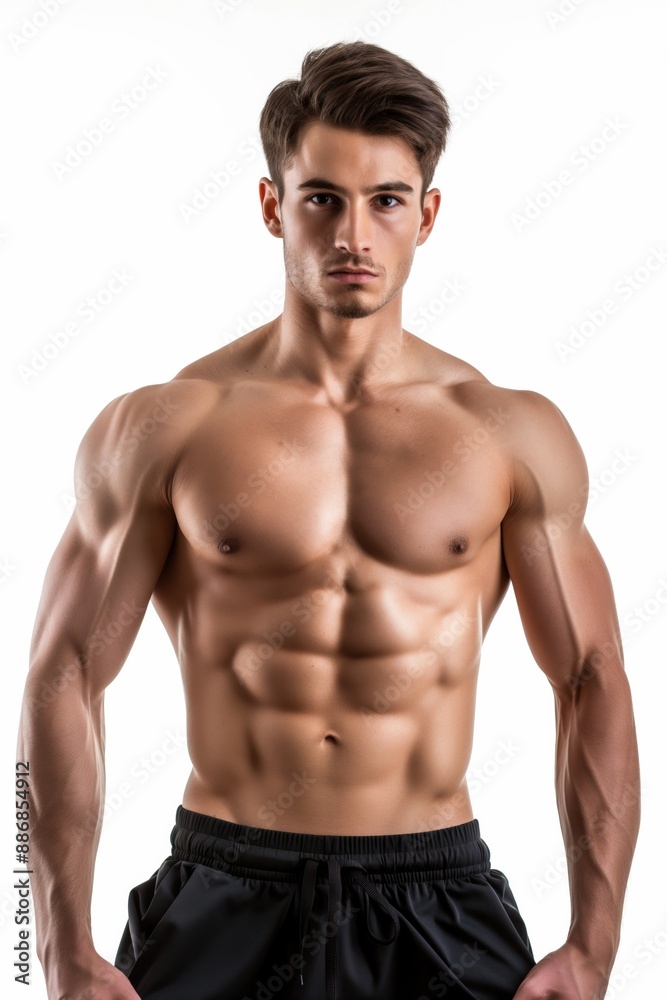A man with a muscular body is posing for a picture. He is wearing black shorts and a shirt. Concept of confidence and strength A man with a muscular body is posing for a picture. He is wearing black shorts and a shirt. Concept of confidence and strength