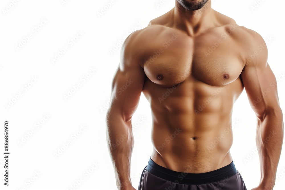 A man with a muscular chest and arms stands in front of a white background. Concept of strength and confidence, as the man's physique is prominently displayed A man with a muscular chest and arms stands in front of a white background. Concept of strength and confidence, as the man's physique is prominently displayed