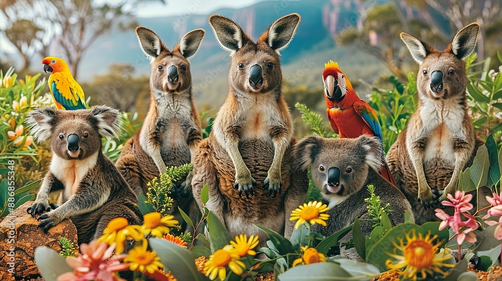 Collage of Australian wildlife, featuring kangaroos, koalas, and colorful parrots against a backdrop of the Outback. Illustration, Image, , Minimalism, Collage of Australian wildlife, featuring kangaroos, koalas, and colorful parrots against a backdrop of the Outback. Illustration, Image, , Minimalism,