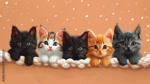 Cute illustration of a group of kittens tangled in yarn, showcasing playful a...