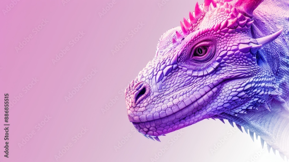 Obraz premium A tight shot of a dragon's head against a pastel backdrop, featuring pink and purple hues; a hazy sky overlays the scene