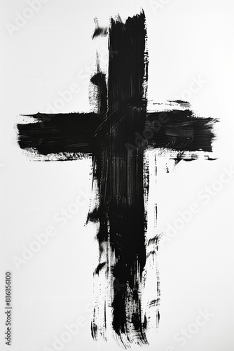 a modern cross using two minimalist strokes of black paint. The strokes should be thin and sharp, intersecting at right angles to form a clean, geometric cross. Focus on the clarity and precision of t