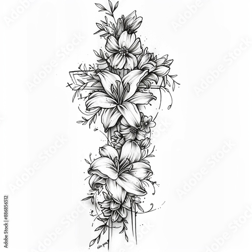 Wallpaper Mural a sketch tattoo of a Latin cross intertwined with floral elements such as roses, lilies, and vines, showcasing delicate line work and a blend of religious and natural beauty Torontodigital.ca