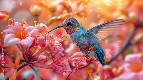 Colorful collage of hummingbirds feeding on nectar from vibrant tropical flowers, showcasing their iridescent plumage. Illustration, Image, , Minimalism, photo