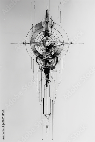 Wallpaper Mural A minimalist sketch tattoo of a cybernetic compass, with the compass points made of sleek metallic elements and digital interfaces. The design symbolizing guidance and direction in the age of AI Torontodigital.ca