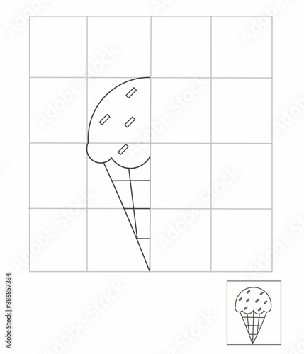 Symmetry drawing for kids, draw the other half side ice cream cone activity for kindergarten, complete picture worksheet, Symmetry worksheet 