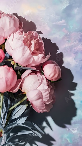Pink peonies and leaves with hard shadow on pastel background