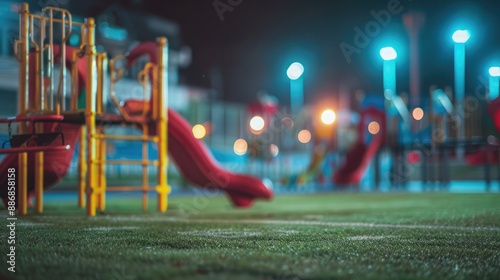 Wallpaper Mural Peaceful twilight scene with blurred playground equipment in a football stadium, bright lights and empty seats. Blurred fans at playground view Torontodigital.ca