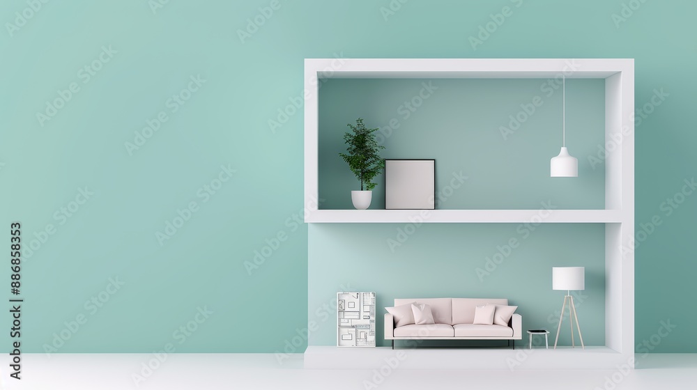 Fototapeta premium A modern duplex design with floor plans, set against a soft pastel teal background, flat design illustration, high-resolution photo, realistic photo, cinematography