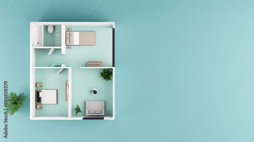 A modern duplex design with floor plans, set against a soft pastel teal background, flat design illustration, high-resolution photo, realistic photo, cinematography A modern duplex design with floor plans, set against a soft pastel teal background, flat design illustration, high-resolution photo, realistic photo, cinematography