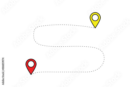 Route icon between two points with dotted path and location pin. Location pointer continuous one line drawing. GPS navigation line route mark. Travel route icon .
