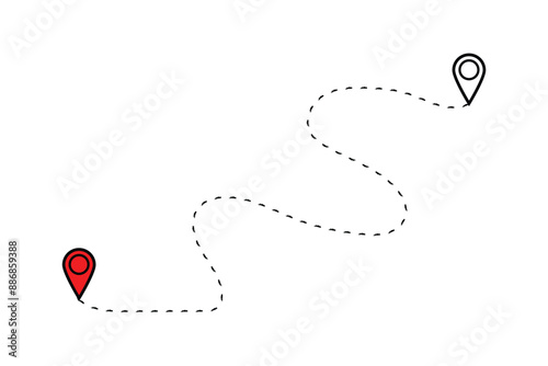 Route icon between two points with dotted path and location pin. Location pointer continuous one line drawing. GPS navigation line route mark. Travel route icon .
