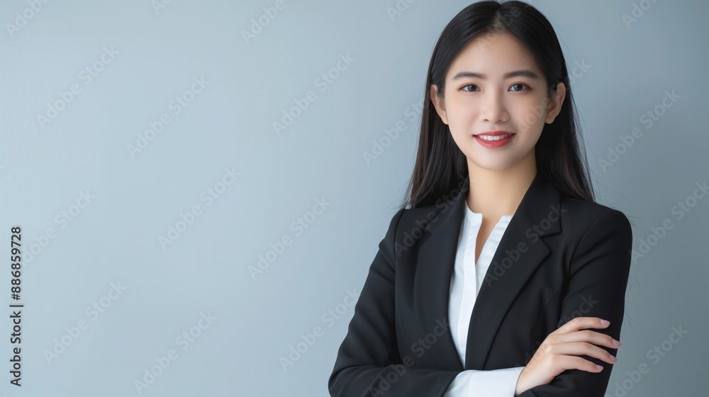 Confident Southeast Asian Businesswoman in Black Suit Standing Against Light Gray Background
