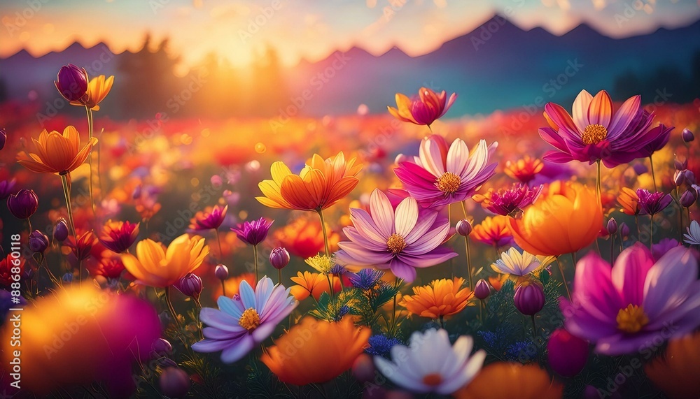Field of vibrantly colored wild flowers in the morning Field of vibrantly colored wild flowers in the morning