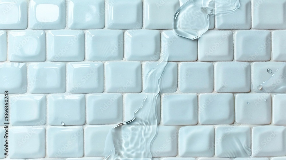 A close-up shot of a white tiled wall with water flowing down its center, featuring a clear piece of glass embedded within the tiles A close-up shot of a white tiled wall with water flowing down its center, featuring a clear piece of glass embedded within the tiles