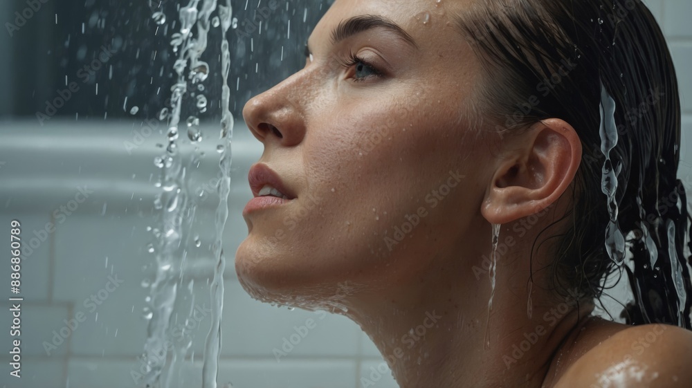 Obraz premium Woman in profile in the bath under the shower, water falling, concept of well-being, hygiene, self-care.