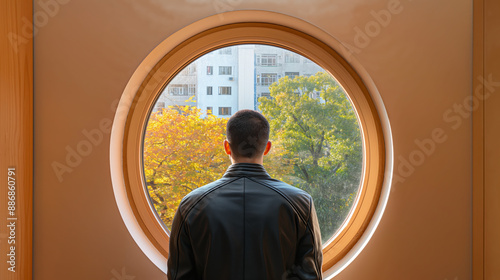 Man gazing out a circular window at urban cityscape with autumn trees and buildings in daylight.