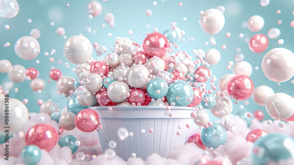 A group of balloons are drifting in the sky inside a white basin, featuring pink, blue, and white balloons A group of balloons are drifting in the sky inside a white basin, featuring pink, blue, and white balloons