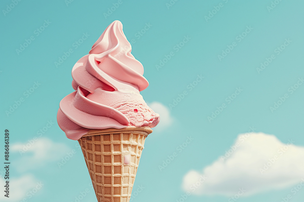 tasty fruit yoghurt ice cream in a waffle cone, scoop, close up, summer and vacation, blue sky tasty fruit yoghurt ice cream in a waffle cone, scoop, close up, summer and vacation, blue sky