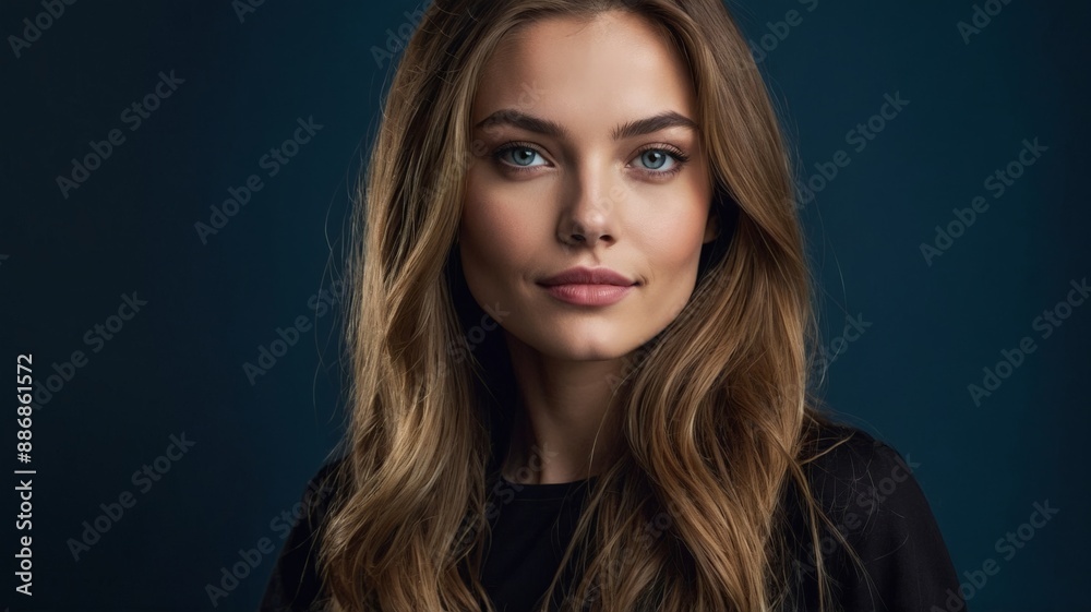 Elegant young woman with long, flowing hair, conveying modernity and sophistication. Elegant young woman with long, flowing hair, conveying modernity and sophistication.