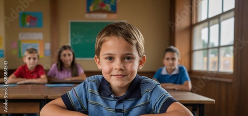 Child sitting at wooden table, classroom in background, back to school concept.