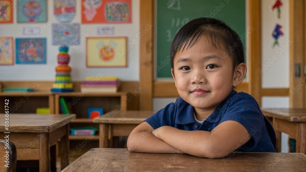 Asian child at wooden table, classroom in background, back to school concept. Asian child at wooden table, classroom in background, back to school concept.