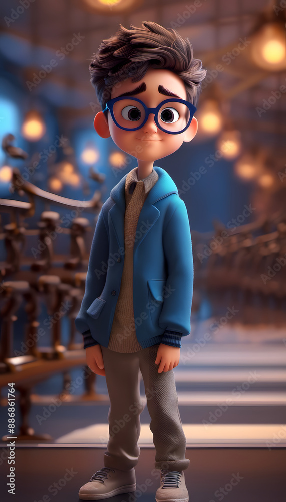 A 3D rendered image of a cute, young cartoon boy in jacket, glasses and brown hair. The boy has a friendly expression and large eyes, giving a cute and approachable appearance. A 3D rendered image of a cute, young cartoon boy in jacket, glasses and brown hair. The boy has a friendly expression and large eyes, giving a cute and approachable appearance.
