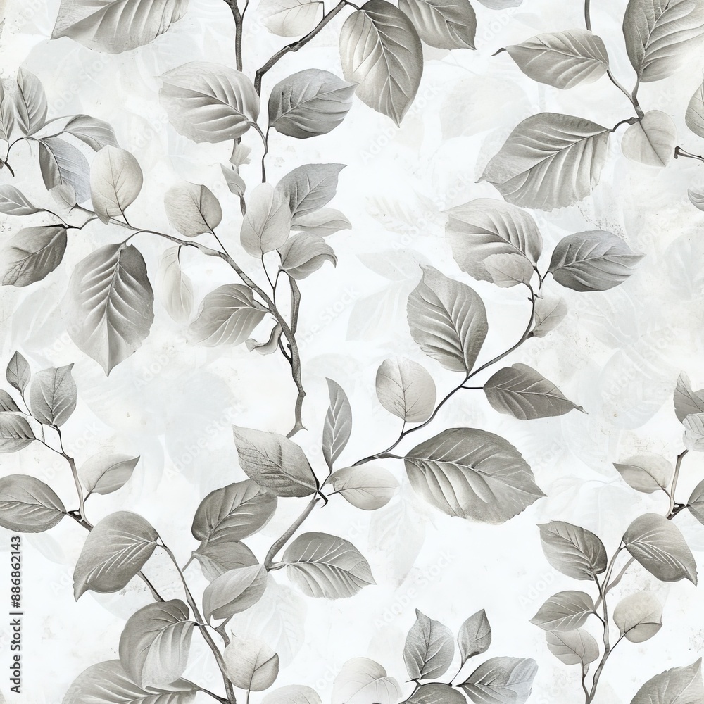 Elegant Gray Leaves and Branches Seamless Pattern on White Background Elegant Gray Leaves and Branches Seamless Pattern on White Background