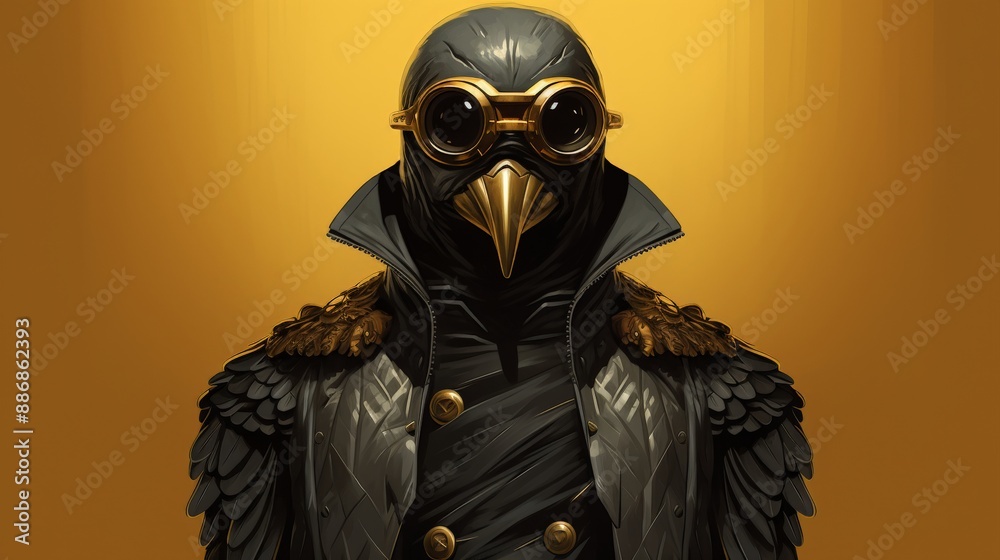 A masked superhero with a gold beak and goggles stands against a yellow background A masked superhero with a gold beak and goggles stands against a yellow background