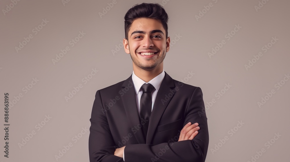 Confident Young Pakistani Businessman Standing with Arms Crossed in Formal Suit, Professional Business Headshot