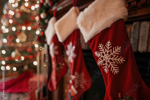 This image captures three red Christmas stockings adorned with white snowflakes hanging from a mantelpiece, surrounded by festive holiday decorations and a warmly lit Christmas tree.