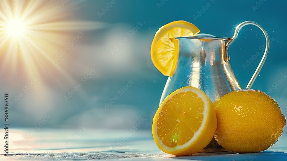 A pitcher of water with two lemons and a lemon slice on a table under the sun A pitcher of water with two lemons and a lemon slice on a table under the sun