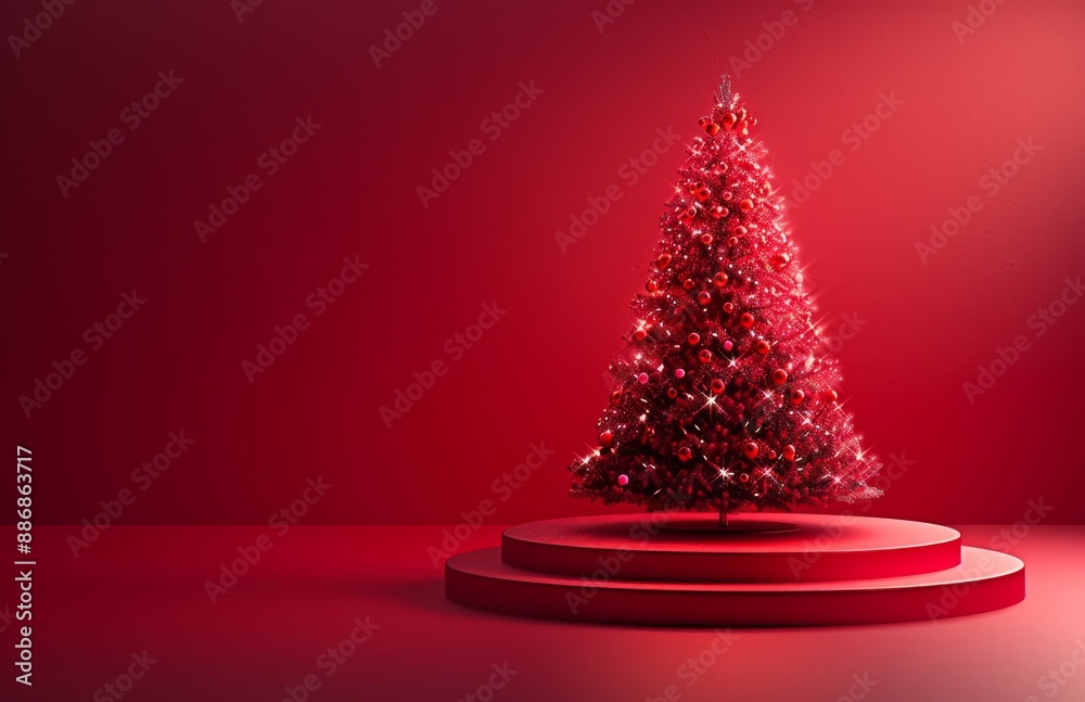 Elegant Christmas tree on red podium background with festive decorations Elegant Christmas tree on red podium background with festive decorations