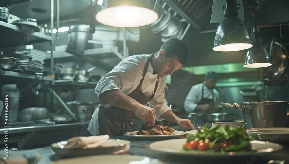 A skilled chef is seen meticulously preparing a gourmet dish in a busy restaurant kitchen, with staff working in the background, portraying precision and teamwork in culinary arts. A skilled chef is seen meticulously preparing a gourmet dish in a busy restaurant kitchen, with staff working in the background, portraying precision and teamwork in culinary arts.