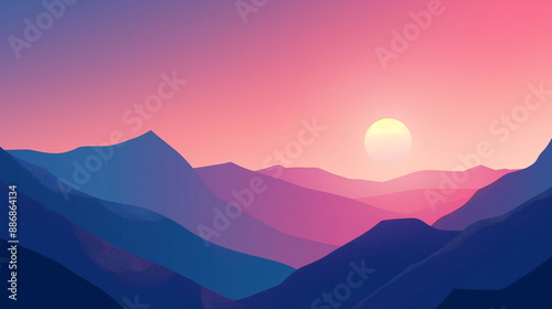 A beautiful mountain range with a pink and blue sky