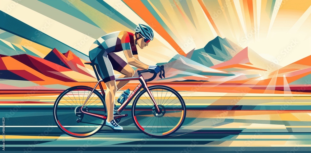 Fototapeta premium A cyclist in a dynamic pose rides a bike on a road with abstract, vibrant colors, and the sun rising over mountains in the background, illustrating energy and determination.