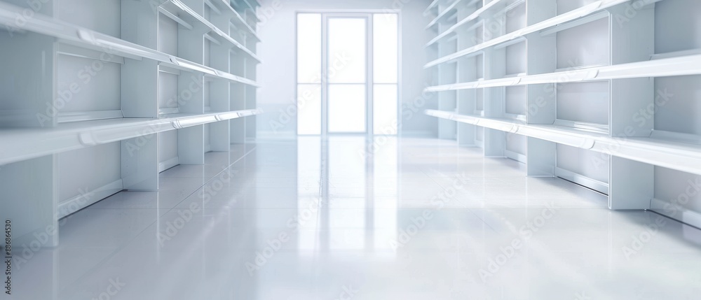 Obraz premium A large, empty white room with shelves and a door