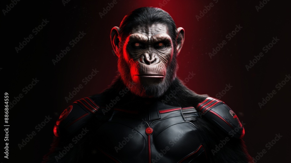 A powerful chimpanzee superhero stands in a dark room, lit by a red glow