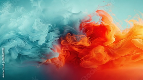  A vivid blend of colorful smoke against a blue-orange-red backdrop, set against a tranquil blue sky in the background