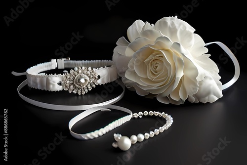 Bridal Accessories. Bridal garter and bag on black background

