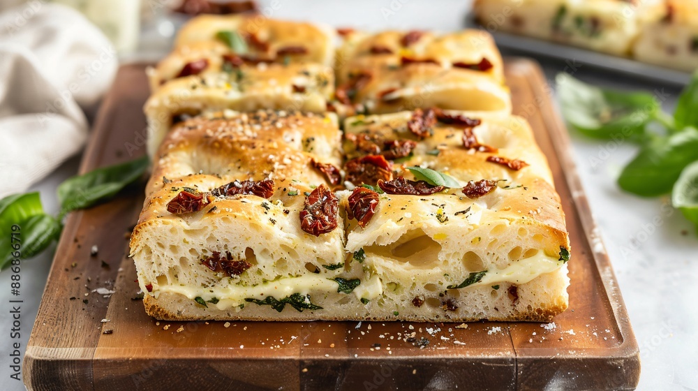 Chewy focaccia bread with a thick layer of basil mayo and sun-dried tomatoes Chewy focaccia bread with a thick layer of basil mayo and sun-dried tomatoes