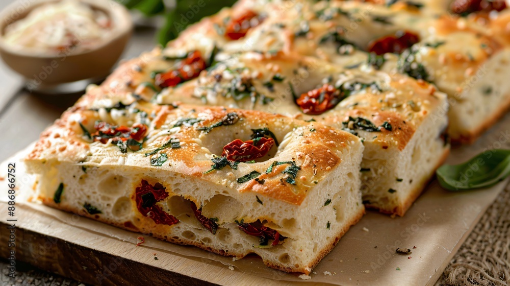 Chewy focaccia bread with a thick layer of basil mayo and sun-dried tomatoes Chewy focaccia bread with a thick layer of basil mayo and sun-dried tomatoes