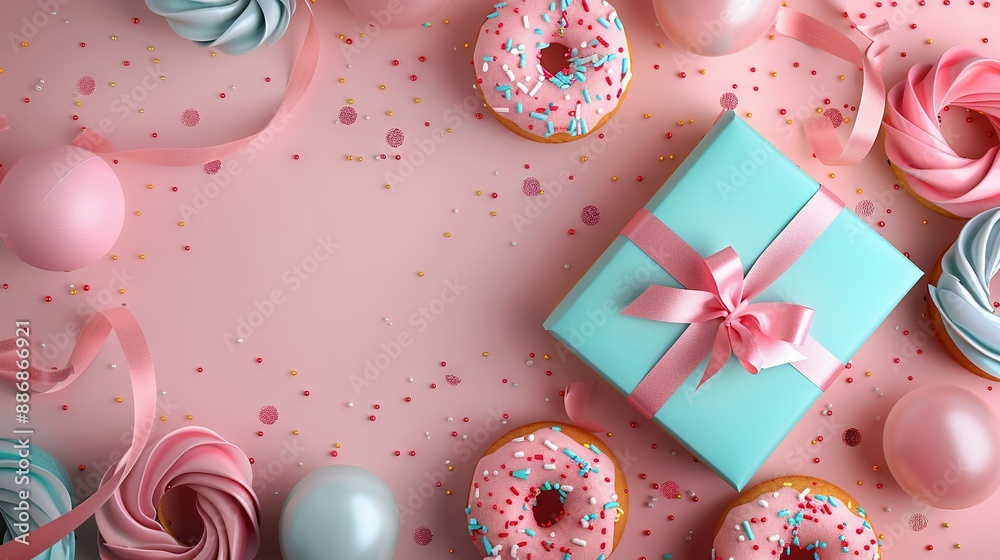 Blue box, pink bow, table, doughnuts, confetti Blue box, pink bow, table, doughnuts, confetti