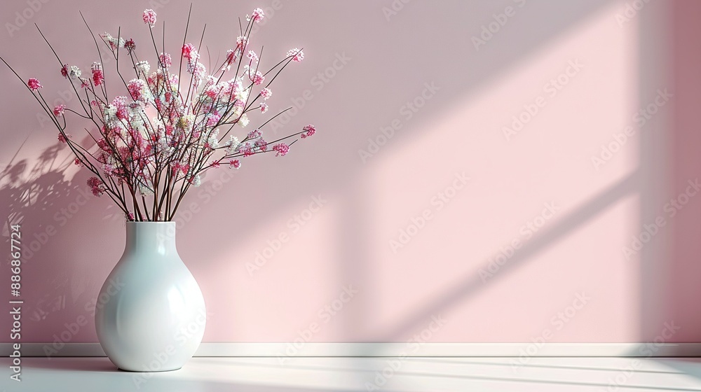 A white vase holds pink flowers atop a table beside a pink-walled room, casting a shadow A white vase holds pink flowers atop a table beside a pink-walled room, casting a shadow